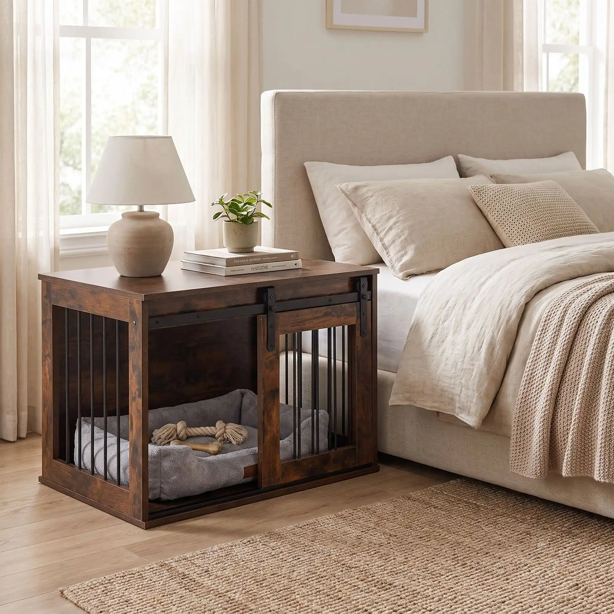 Meuble-niche-chien-interieur-chiot-cosy-en bois avec porte avant coulissante et silencieuse, et barreaux en acier transformable en cage pour chiot et chien de petite à moyenne taille de 0 à 20 kilos, structure robuste et design chic et moderne de couleur bois brut- gros plan sur le meuble niche pour chien et chiot avec un panier et un jouet dedans et la porte latérale ouverte, en meuble de décoration d'appoint contre le lit de son maitre dans la chambre de l'appartement