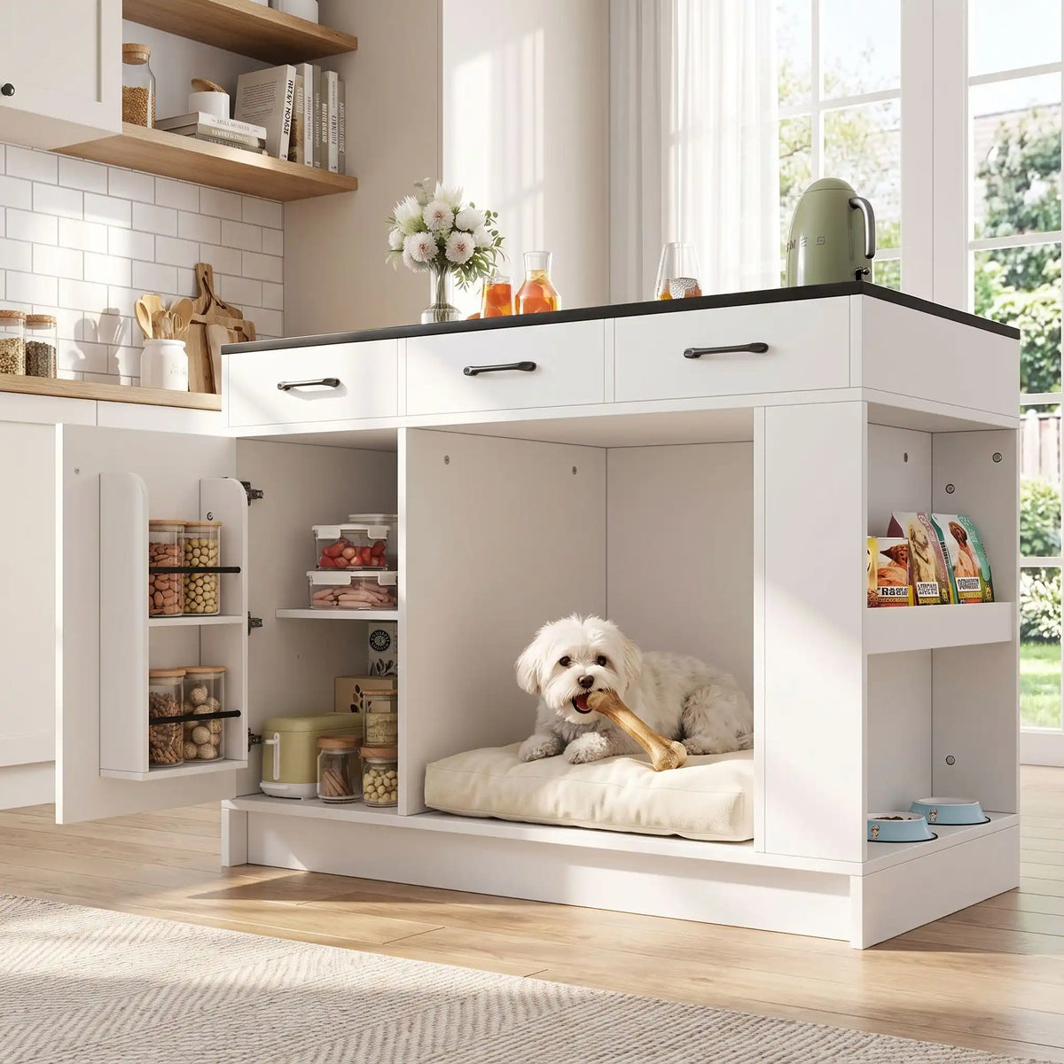Meuble-niche-chien-interieur-chiot-cuisine-avec-rangement, 3 tiroirs de capcaité de 15 kg de charges, un placard avec une étagère avec 3 hauteurs réglables, 2 étagères de rangement à épices dans la porte du placerd, étagère latérales pour rangement de nourriture du chien et support pour gamelle en station d'alimentation, avec niche intégré dans le meuble de 62x58x62 cm en bois blanc avec plateau imitation marbre noir- un chien de petite race qui mange son os dans le meuble niche en îlot dans la cuisine 