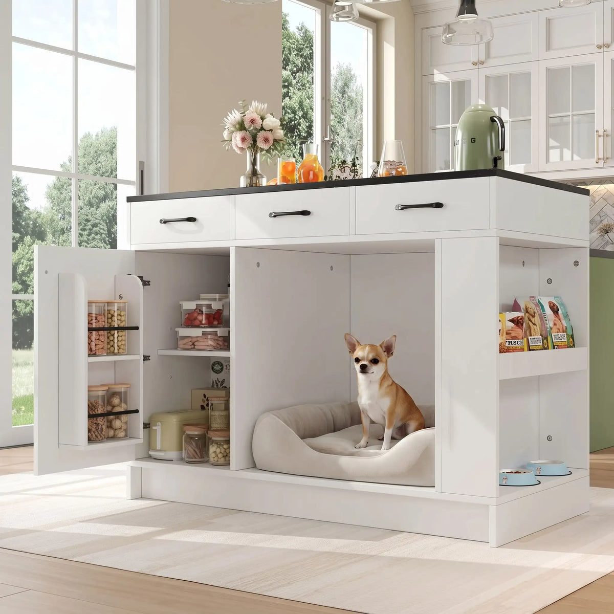 Meuble-niche-chien-interieur-chiot-cuisine-avec-rangement, 3 tiroirs de capcaité de 15 kg de charges, un placard avec une étagère avec 3 hauteurs réglables, 2 étagères de rangement à épices dans la porte du placerd, étagère latérales pour rangement de nourriture du chien et support pour gamelle en station d'alimentation, avec niche intégré dans le meuble de 62x58x62 cm en bois blanc avec plateau imitation marbre noir- un chien de race Toy assis dans son panier dans le meuble niche en îlot dans la cuisine 