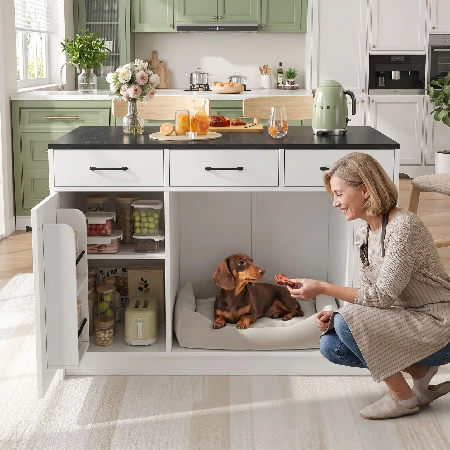 Meuble-niche-chien-interieur-chiot-cuisine-avec-rangement, 3 tiroirs de capcaité de 15 kg de charges, un placard avec une étagère avec 3 hauteurs réglables, 2 étagères de rangement à épices dans la porte du placerd, étagère latérales pour rangement de nourriture du chien et support pour gamelle en station d'alimentation, avec niche intégré dans le meuble de 62x58x62 cm en bois blanc avec plateau imitation marbre noir- un petit chien couché dans le meuble niche attiré par la friandrise tendu par sa maitresse