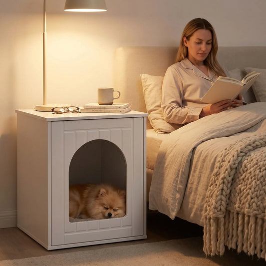 Meuble-niche-chien-chiot-intérieur en bois blanc de forme rectangulaire design moderne comme une cabine avec porte avant qui comporte une ouverture arrondie large pour une entrée et sortie facile, lavable et imperméable, robuste surpporte une charge de 60 kg pour chiot et chien de petite taille, race naine et toy de 0 à 4 kilos maximum-un chien nain qui dort paisiblement en sécurité et au chaud dans son meuble niche design utilisé en table de chevet à côté de sa maitresse qui lit son livre dans son lit