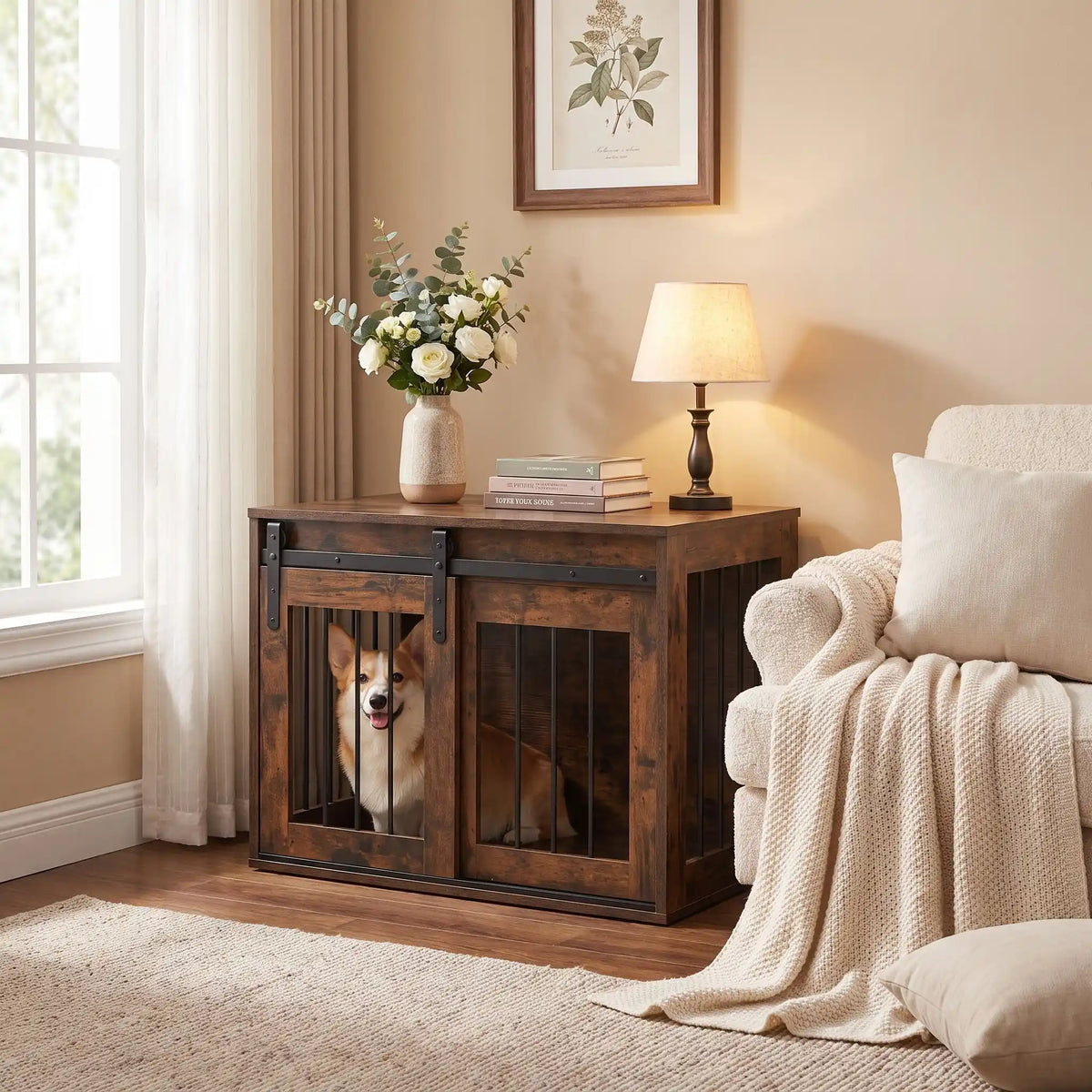Meuble-niche-chien-interieur-chiot-cosy-en bois avec porte avant coulissante et silencieuse, et barreaux en acier transformable en cage pour chiot et chien de petite à moyenne taille de 0 à 20 kilos, structure robuste et design chic et moderne de couleur bois brut- un chien de taille moyenne couché dans le meuble niche avec la porte latérale fermée, devenu un meuble de décoration d'appoint à côté du canapé du salon de la maison 