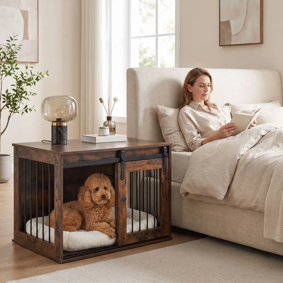 Meuble-niche-chien-interieur-chiot-cosy-en bois avec porte avant coulissante et silencieuse, et barreaux en acier transformable en cage pour chiot et chien de petite à moyenne taille de 0 à 20 kilos, structure robuste et design chic et moderne de couleur bois brut- un chien de race moyenne couché sur lit  dans le meuble niche pour chien et chiot avec la porte latérale ouverte utilisé commme table de chevet design contre le lit de sa maitresse allongée qui lit son livre dans la chambre de la maison
