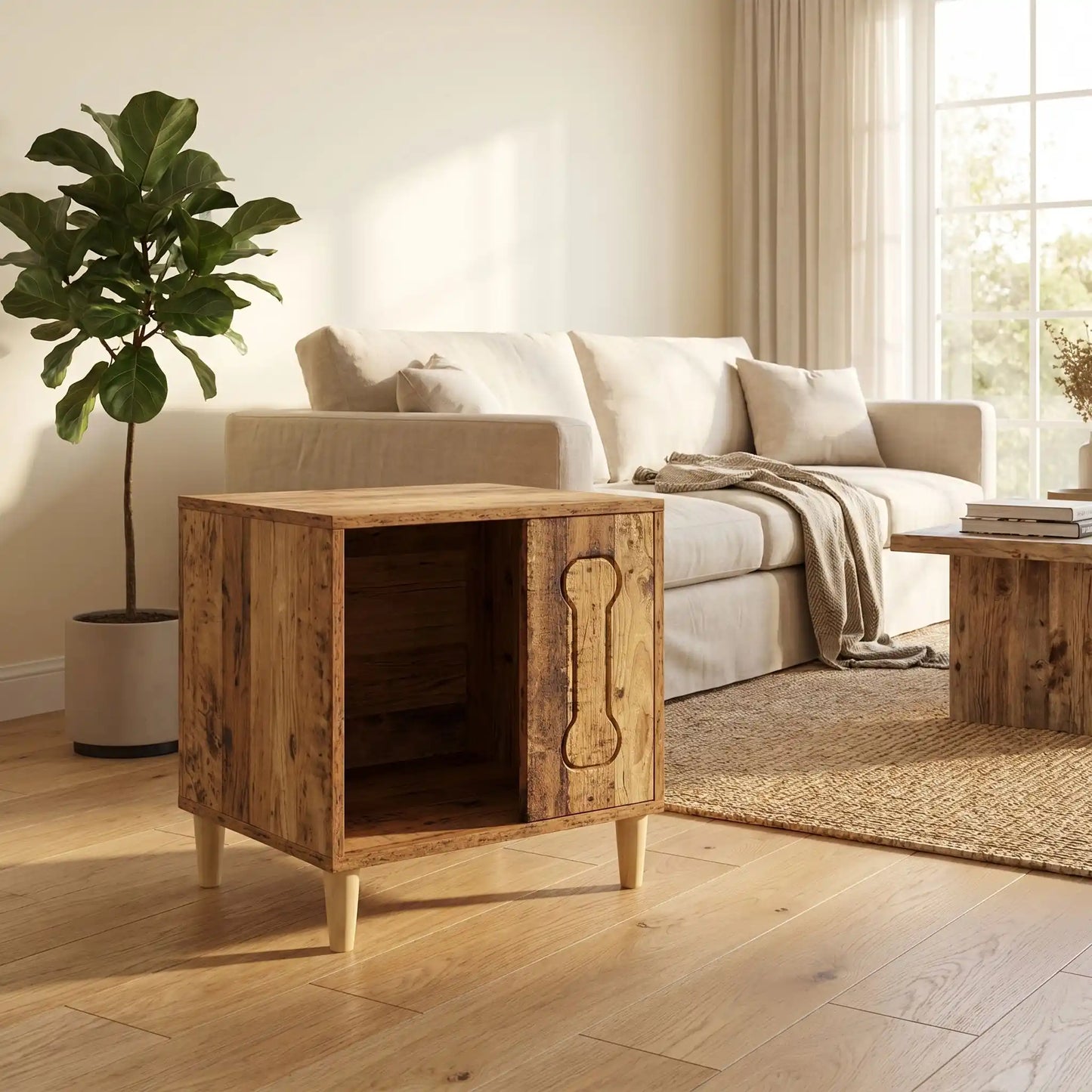 Meuble-niche-chien-interieur en bois et au design contemporain de forme cubique sur 4 pieds surélevés en bois antidérapant avec un décor d'os gravé sur l'avant avec ouverture pour une entrée et descente facile sur un quart du meuble pour chiot et chien de petite taille de 0 à 3 kg-gros plan sur la niche en bois naturel design qui sert de meuble d'appoint et de décoration dans le salon de l'appartement