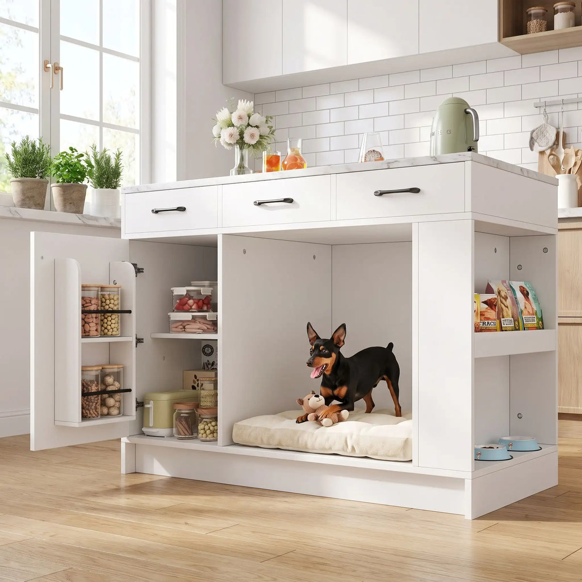 Meuble-niche-chien-interieur-chiot-cuisine-avec-rangement, 3 tiroirs de capcaité de 15 kg de charges, un placard avec une étagère avec 3 hauteurs réglables, 2 étagères de rangement à épices dans la porte du placerd, étagère latérales pour rangement de nourriture du chien et support pour gamelle en station d'alimentation, avec niche intégré dans le meuble de 62x58x62 cm en bois blanc avec plateau imitation marbre noir- un chien de race miniature qui joue avec sa peluche dans le meuble niche dans la cuisine 