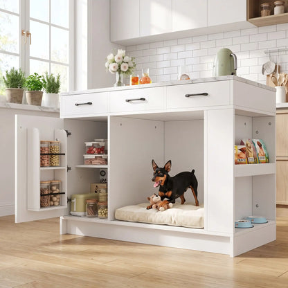 Meuble-niche-chien-interieur-chiot-cuisine-avec-rangement, 3 tiroirs de capcaité de 15 kg de charges, un placard avec une étagère avec 3 hauteurs réglables, 2 étagères de rangement à épices dans la porte du placerd, étagère latérales pour rangement de nourriture du chien et support pour gamelle en station d'alimentation, avec niche intégré dans le meuble de 62x58x62 cm en bois blanc avec plateau imitation marbre noir- un chien de race miniature qui joue avec sa peluche dans le meuble niche dans la cuisine 