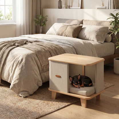 Meuble-niche-chien-interieur-chiot-design- en bois massif d'hêtre et de pin robuste avec son coussin interieur en lin écologique épais rembourré 100% coton PP amovible et lavable, bords arrondis anti-blessure sur 4 pieds robustes en bois, matériaux 100% naturels de couleur marron clair et beige, format compact, idéal pour les petits espaces, imperméable-un chien de taille naine qui dort en boule paisiblement dans le meuble niche design rectangulaire à côté du lit de son maitre dans la chambre de la maison