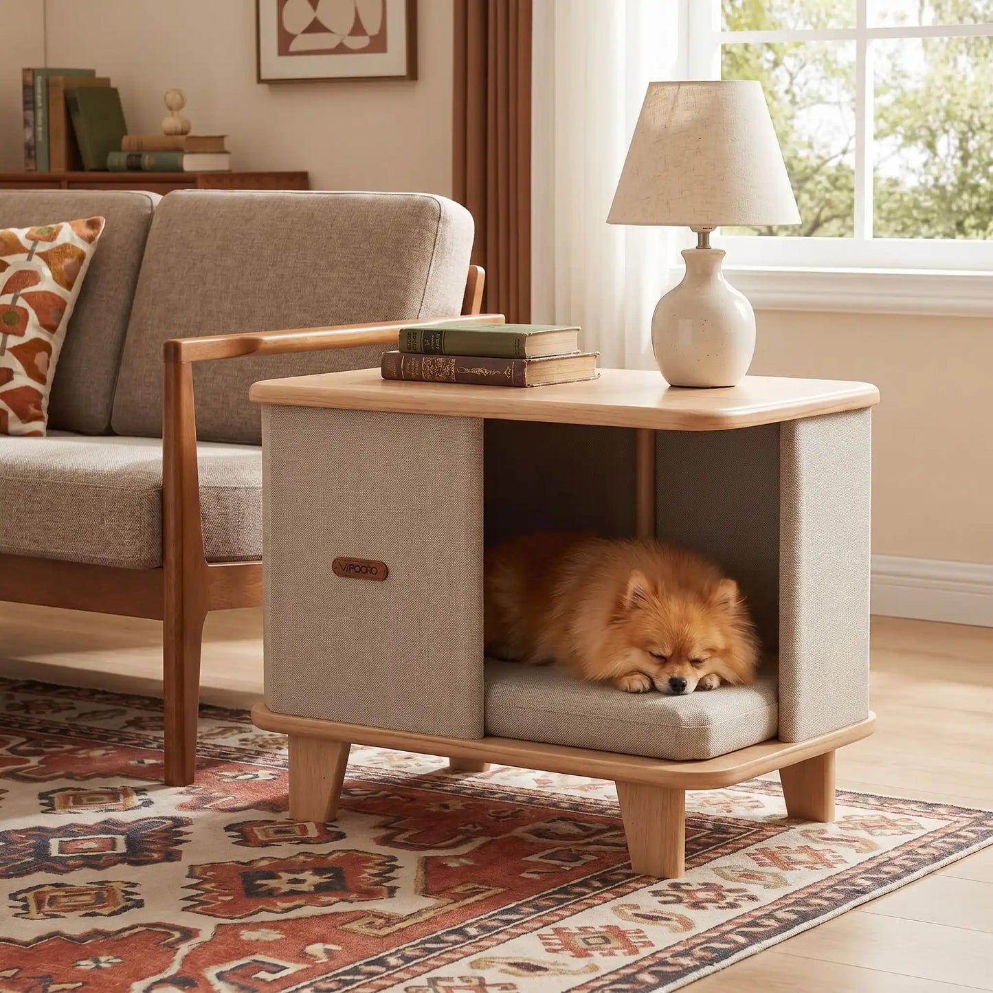 Meuble-niche-chien-interieur-chiot-design- en bois massif d'hêtre et de pin robuste avec son coussin interieur en lin écologique épais rembourré 100% coton PP amovible et lavable, bords arrondis anti-blessure sur 4 pieds robustes en bois, matériaux 100% naturels de couleur marron clair et beige, format compact, idéal pour les petits espaces, imperméable-un chien de race miniature qui dort paisiblement dans le meuble niche design entre ses pattes dans un salon lifestyle et moderne de l'appartement
