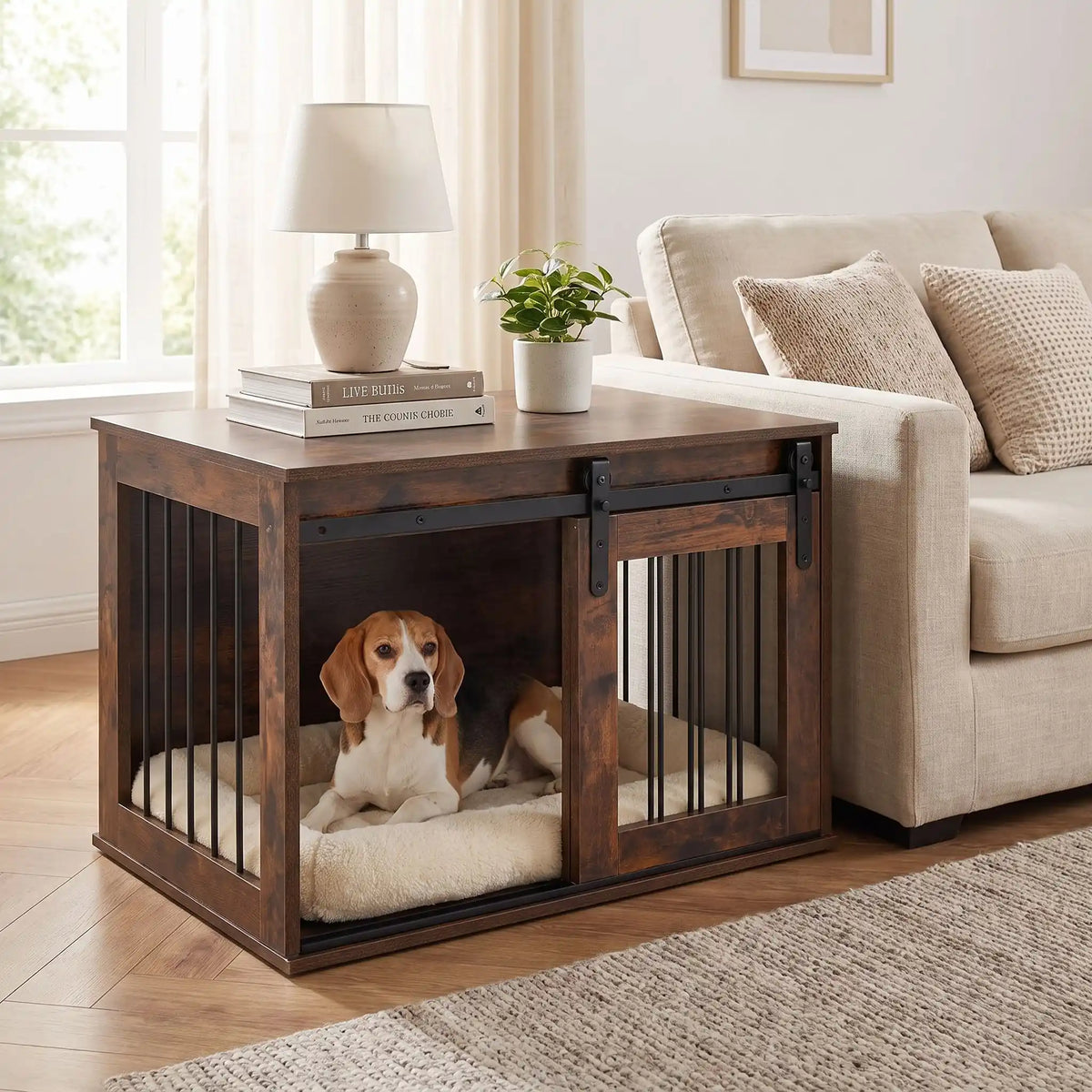 Meuble-niche-chien-interieur-chiot-cosy-en bois avec porte avant coulissante et silencieuse, et barreaux en acier transformable en cage pour chiot et chien de petite à moyenne taille de 0 à 20 kilos, structure robuste et design chic et moderne de couleur bois brut- un chien de race moyenne couché sur son coussin dans le meuble niche pour chien et chiot avec la porte latérale ouverte, en meuble de décoration d'appoint contre le canapé dans le salon de l'appartement