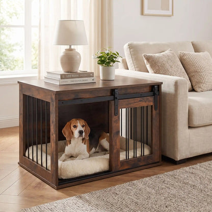 Meuble-niche-chien-interieur-chiot-cosy-en bois avec porte avant coulissante et silencieuse, et barreaux en acier transformable en cage pour chiot et chien de petite à moyenne taille de 0 à 20 kilos, structure robuste et design chic et moderne de couleur bois brut- un chien de race moyenne couché sur son coussin dans le meuble niche pour chien et chiot avec la porte latérale ouverte, en meuble de décoration d'appoint contre le canapé dans le salon de l'appartement