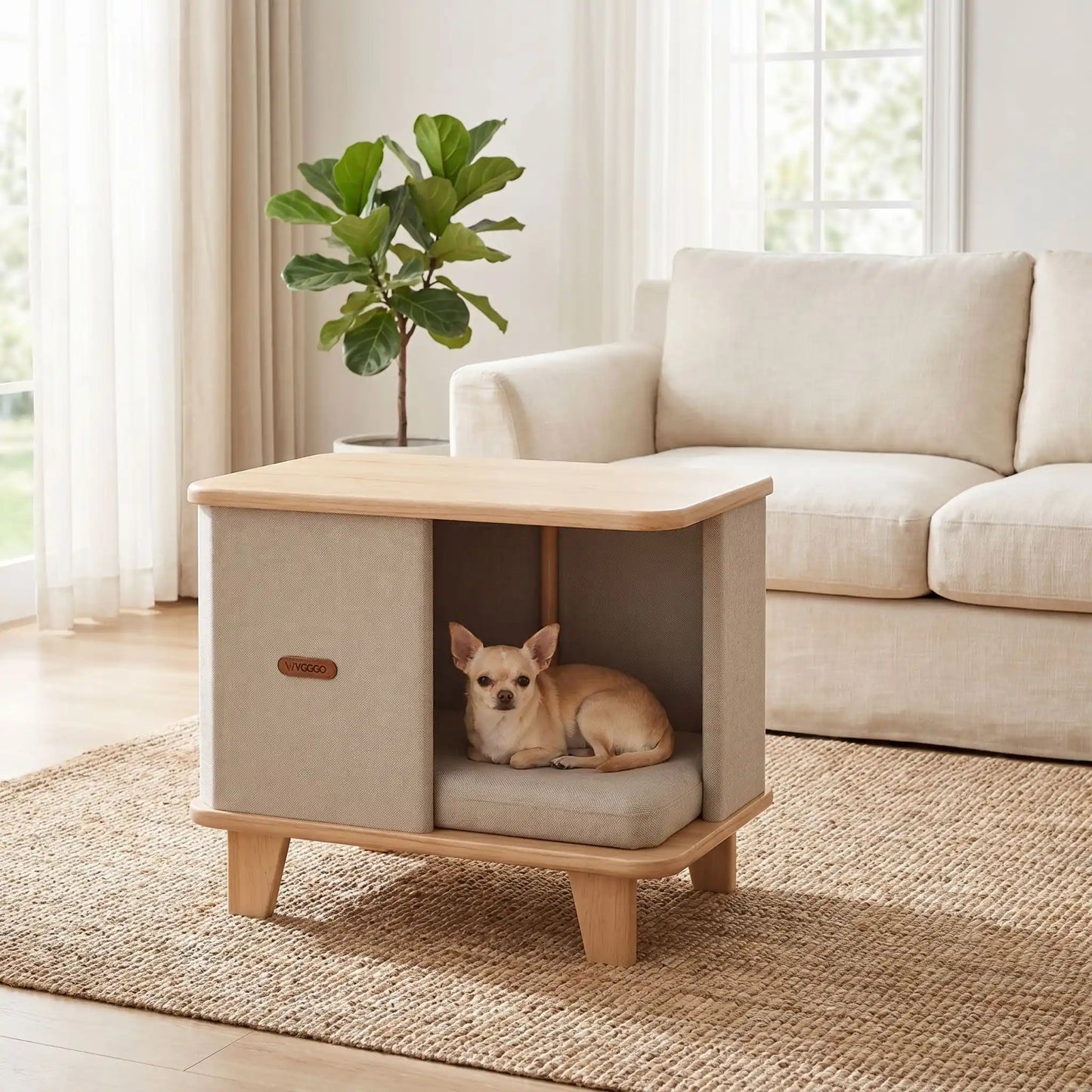 Meuble-niche-chien-interieur-chiot-design- en bois massif d'hêtre et de pin robuste avec son coussin interieur en lin écologique épais rembourré 100% coton PP amovible et lavable, bords arrondis anti-blessure sur 4 pieds robustes en bois, matériaux 100% naturels de couleur marron clair et beige, format compact, idéal pour les petits espaces, imperméable-un chien de race naine couché confortablement dans le meuble niche design sur le coussin ergonomique dans un salon lifestyle et moderne de l'appartement