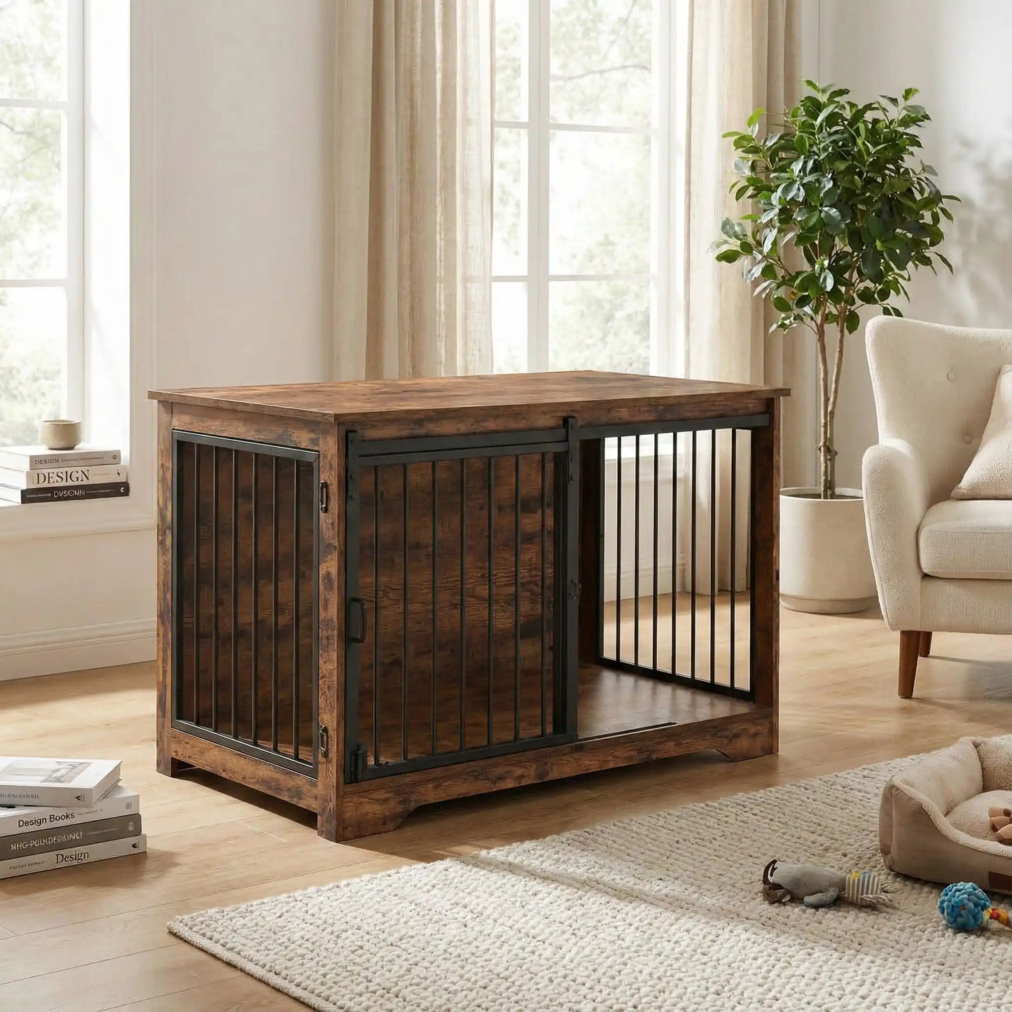 Meuble-niche-pour-chien-cage-bois-2-portes-une porte coulissante et une porte latérale sur le côté en bois massif nature dans un style rustique et porte en acier avec serrures sécurisées- design et polyvalente robuste pour chiot/chien de 0 à 25 kilos max-porte avant coulissante pour gain de place et porte latérale pour une entrée rapide et facile avec verrou, meuble design bois et grilles en acier