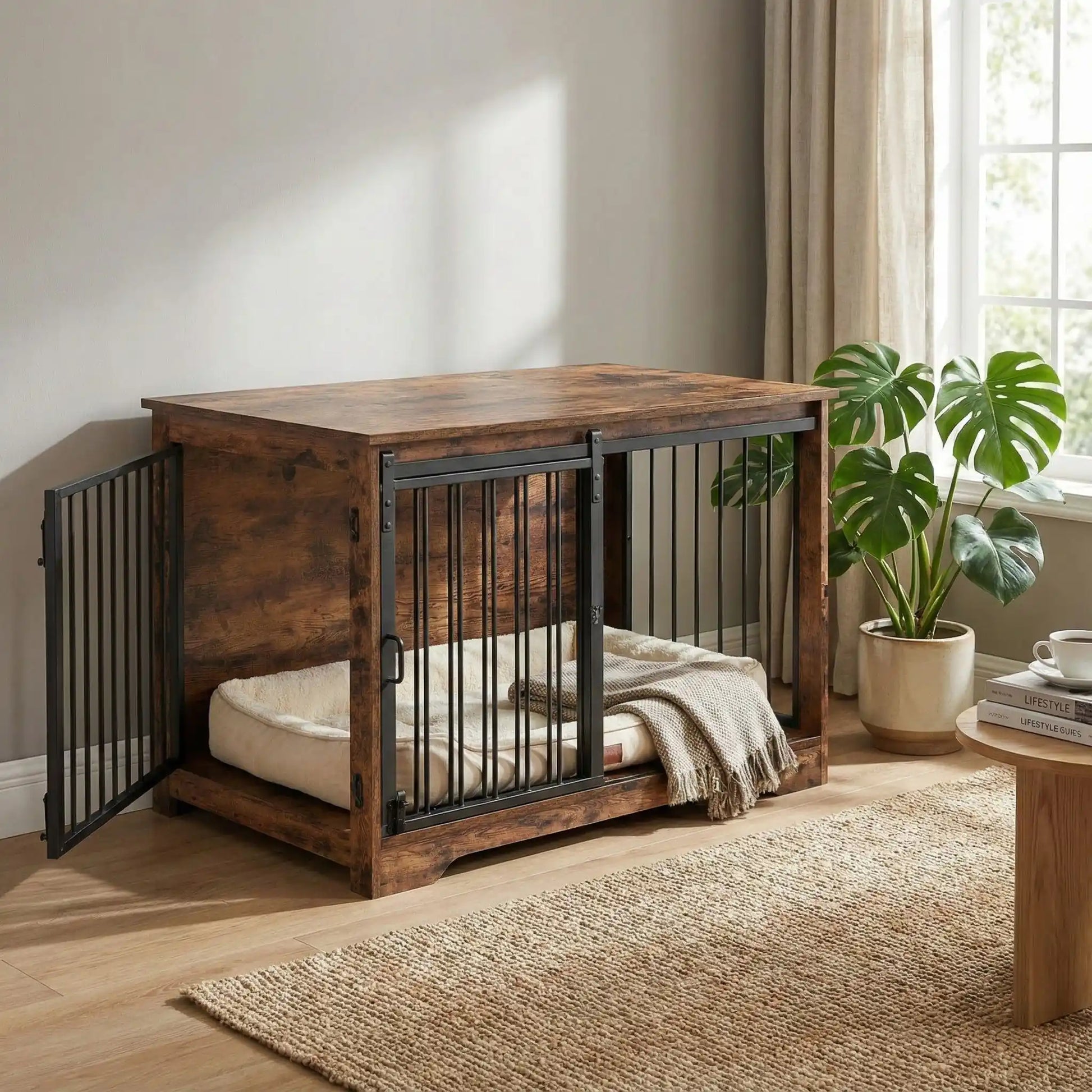 Meuble-niche-pour-chien-cage-bois-2-portes-une porte coulissante et une porte latérale sur le côté en bois massif nature dans un style rustique et porte en acier avec serrures sécurisées- design et polyvalente robuste pour chiot/chien de 0 à 25 kilos max-niche et cage en bois sécurisé pour interieur 