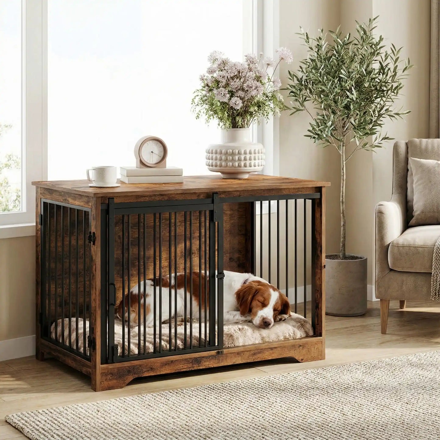 Meuble-niche-pour-chien-cage-bois-2-portes-une porte coulissante et une porte latérale sur le côté en bois massif nature dans un style rustique et porte en acier avec serrures sécurisées- design et polyvalente robuste pour chiot/chien de 0 à 25 kilos max-un Epagneul breton qui dort paisiblement dans sa niche avec la porte coulissante ouverte dans le salon de l'appartement