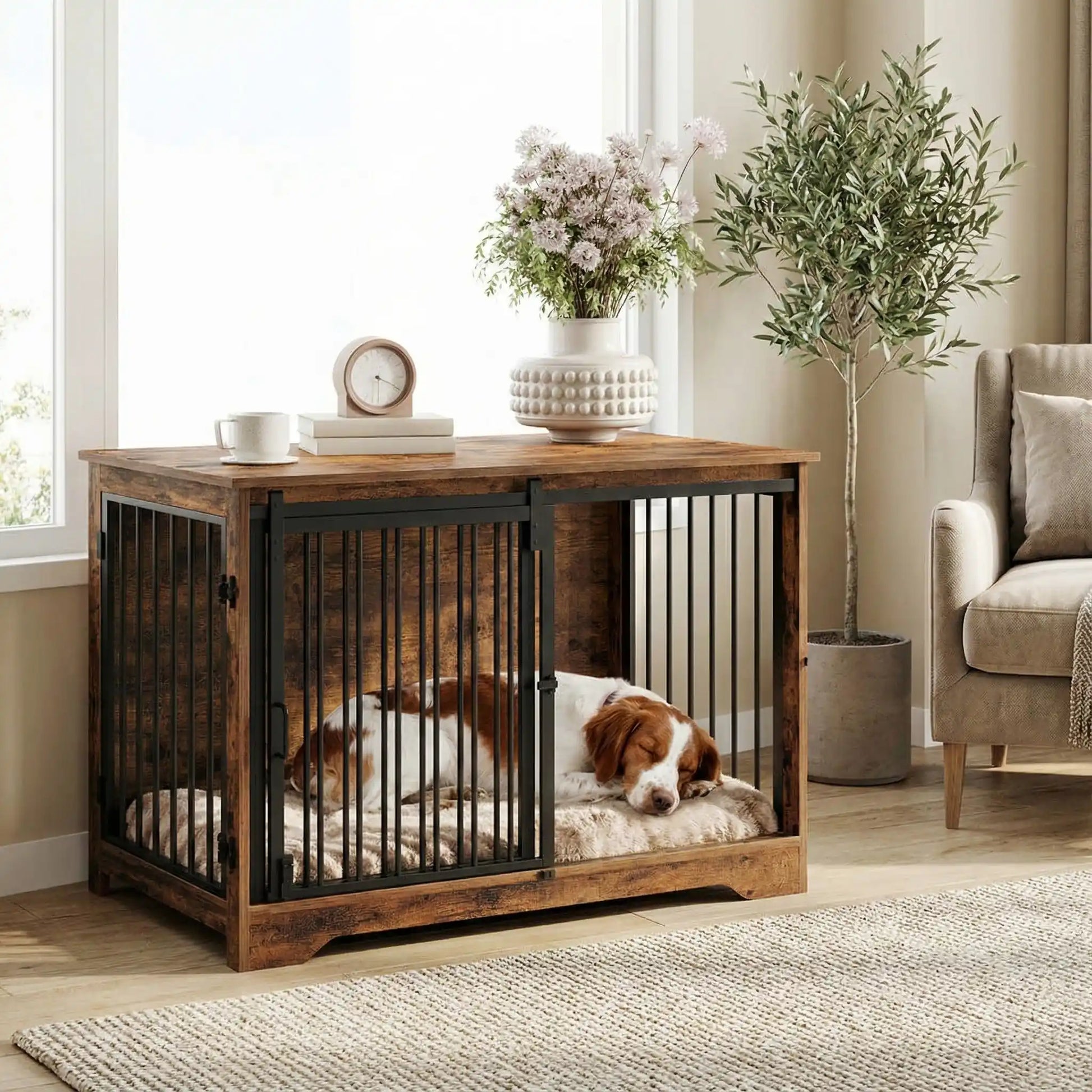 Meuble-niche-pour-chien-cage-bois-2-portes-une porte coulissante et une porte latérale sur le côté en bois massif nature dans un style rustique et porte en acier avec serrures sécurisées- design et polyvalente robuste pour chiot/chien de 0 à 25 kilos max-un Epagneul breton qui dort paisiblement dans sa niche avec la porte coulissante ouverte dans le salon de l'appartement