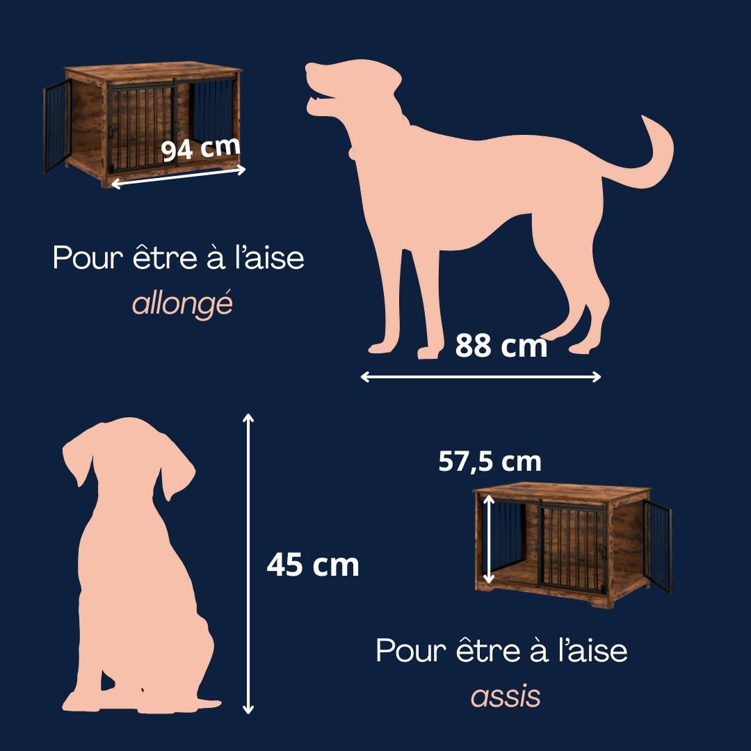Meuble-niche-pour-chien-cage-bois-2-portes-une porte coulissante et une porte latérale sur le côté en bois massif nature dans un style rustique et porte en acier avec serrures sécurisées- design et polyvalente robuste pour chiot/chien de 0 à 25 kilos max-porte avant coulissante pour gain de place et porte latérale pour une entrée rapide et facile avec verrou, meuble design-guide des mesures pour le chien et le meuble pour une bonne correspondance taille du chien et mesures du meuble