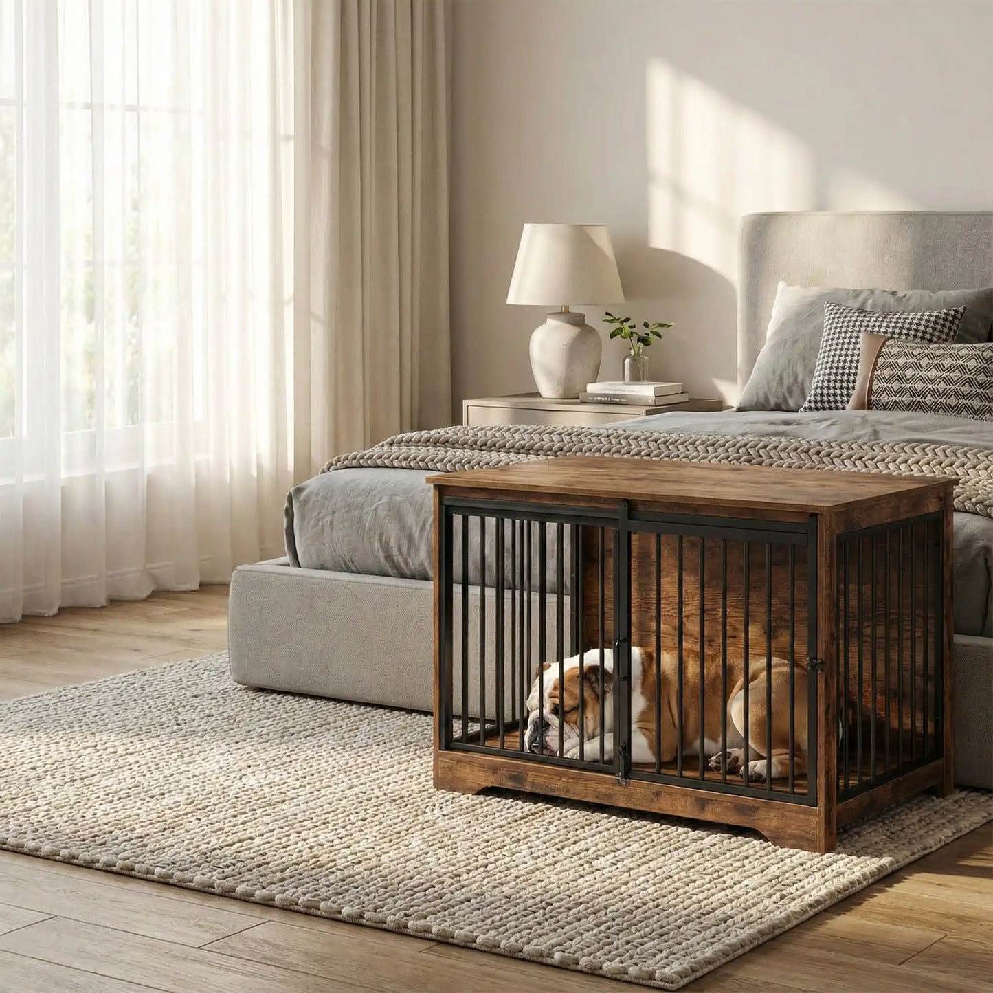 Meuble-niche-pour-chien-cage-bois-2-portes-une porte coulissante et une porte latérale sur le côté en bois massif nature dans un style rustique et porte en acier avec serrures sécurisées- design et polyvalente robuste pour chiot/chien de 0 à 25 kilos max-un Bouledogue anglais qui dort paisiblement dans sa niche avec la porte coulissante fermée avec son verrou sécurisé devant le lit de la chambre de la maison