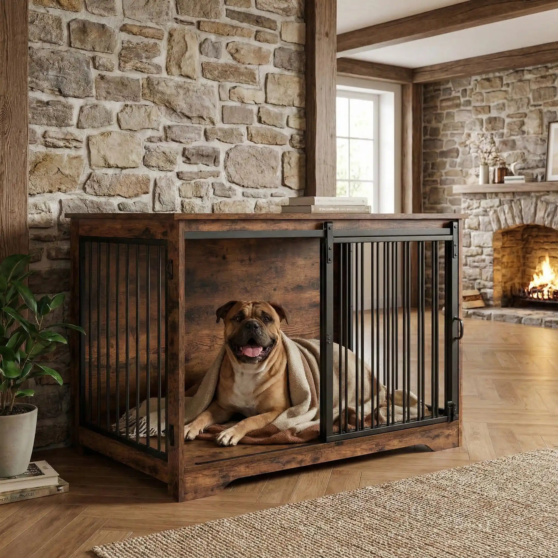 Meuble-niche-pour-chien-cage-bois-2-portes-une porte coulissante et une porte latérale sur le côté en bois massif nature dans un style rustique et porte en acier avec serrures sécurisées- design et polyvalente robuste pour chiot/chien de 0 à 25 kilos max-un Boxer heureux sous sa couverture et couché confortablement dans sa niche avec la porte coulissante ouverte dans le salon en bois et murs en pierre de la maison