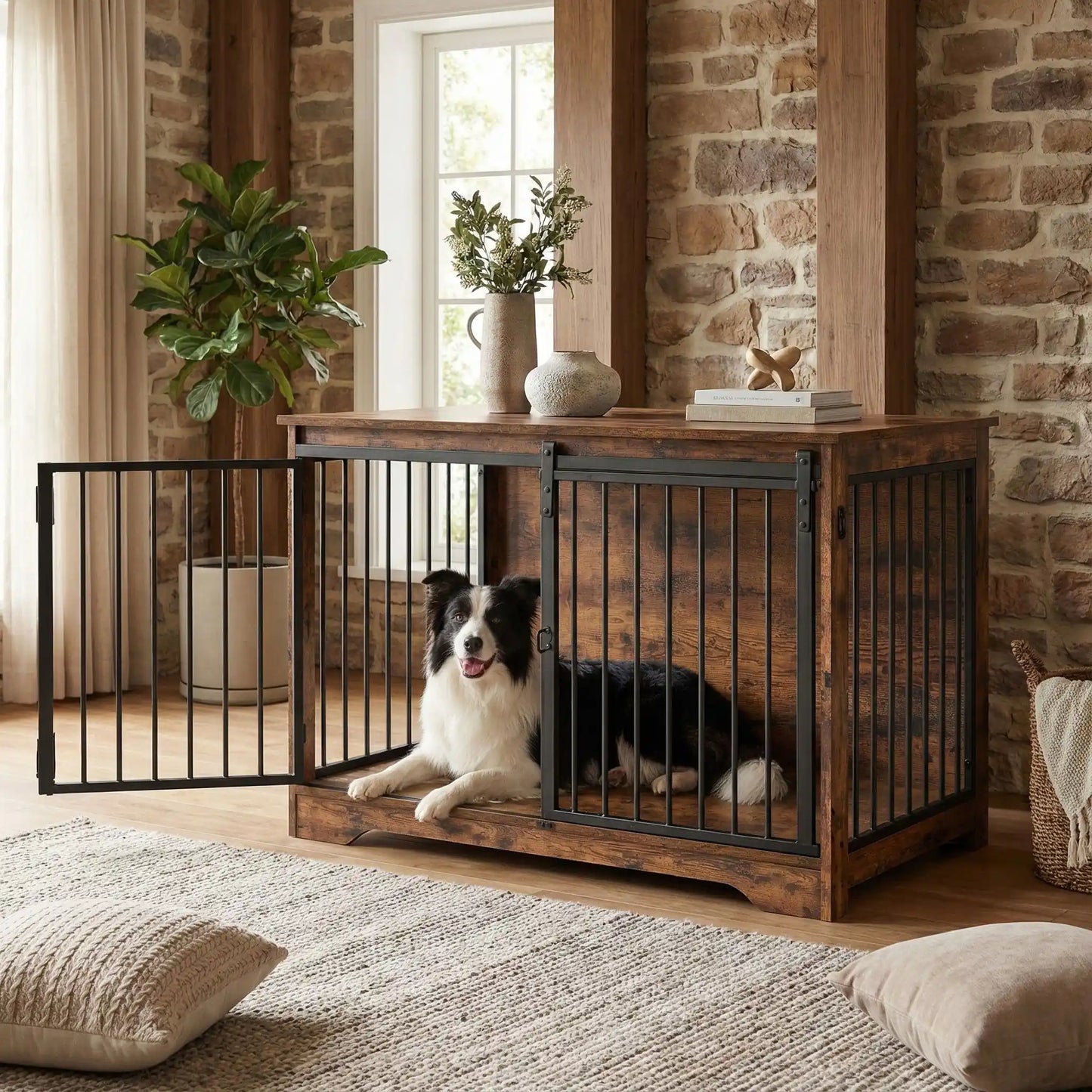 Meuble-niche-pour-chien-cage-bois-2-portes-une porte coulissante et une porte latérale sur le côté en bois massif nature dans un style rustique et porte en acier avec serrures sécurisées- design et polyvalente robuste pour chiot/chien de 0 à 25 kilos max-un Border Collie couché confortablement dans sa niche avec la porte coulissante ouverte dans le salon de la maison