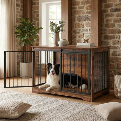 Meuble-niche-pour-chien-cage-bois-2-portes-une porte coulissante et une porte latérale sur le côté en bois massif nature dans un style rustique et porte en acier avec serrures sécurisées- design et polyvalente robuste pour chiot/chien de 0 à 25 kilos max-un Border Collie couché confortablement dans sa niche avec la porte coulissante ouverte dans le salon de la maison