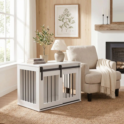 Meuble-niche-pour-chien-petit et moyenne taille-cage-80 cm en bois blanc et porte avant coulissante avec roulettes solides et silencieuses en cadre en bois et barreaux blancs en acier robuste, meuble rectangulaire et cage au design moderne, imperméable et robuste  pour chiot et chien de 0 à 15 kg-gros plan sur le meuble niche avec porte à barreaux avant fermée en meuble d'appoint décoratif design dans le salon de l'appartement