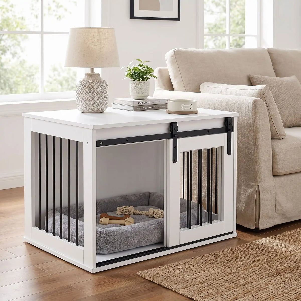 Meuble-niche-pour-chien-petit et moyenne taille-cage-80 cm en bois blanc et porte avant coulissante avec roulettes solides et silencieuses en cadre en bois et barreaux blancs en acier robuste, meuble rectangulaire et cage au design moderne, imperméable et robuste  pour chiot et chien de 0 à 15 kg-gros plan sur le meuble niche au style épuré scandinave avec sa porte coulissante ouverte et décoration sur le meuble lifestyle qui apporte un touche de charme dans le salon de la maison