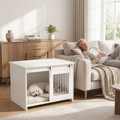 Meuble-niche-pour-chien-petit et moyenne taille-cage-80 cm en bois blanc et porte avant coulissante avec roulettes solides et silencieuses en cadre en bois et barreaux blancs en acier robuste, meuble rectangulaire et cage au design moderne, imperméable et robuste  pour chiot et chien de 0 à 15 kg-un chien de taille moyenne qui dort paisiblement dans le meuble niche avec porte à barreaux avant ouverte en meuble d'appoint contre le canapé où son maitre fait la sieste dans le salon de l'appartement
