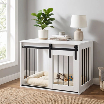 Meuble-niche-pour-chien-petit et moyenne taille-cage-80 cm en bois blanc et porte avant coulissante avec roulettes solides et silencieuses en cadre en bois et barreaux blancs en acier robuste, meuble rectangulaire et cage au design moderne, imperméable et robuste  pour chiot et chien de 0 à 15 kg-gros plan sur le meuble niche au style épuré scandinave avec sa porte coulissante ouverte et décoration sur le meuble lifestyle qui apporte un touche de charme dans le salon de l'appartement