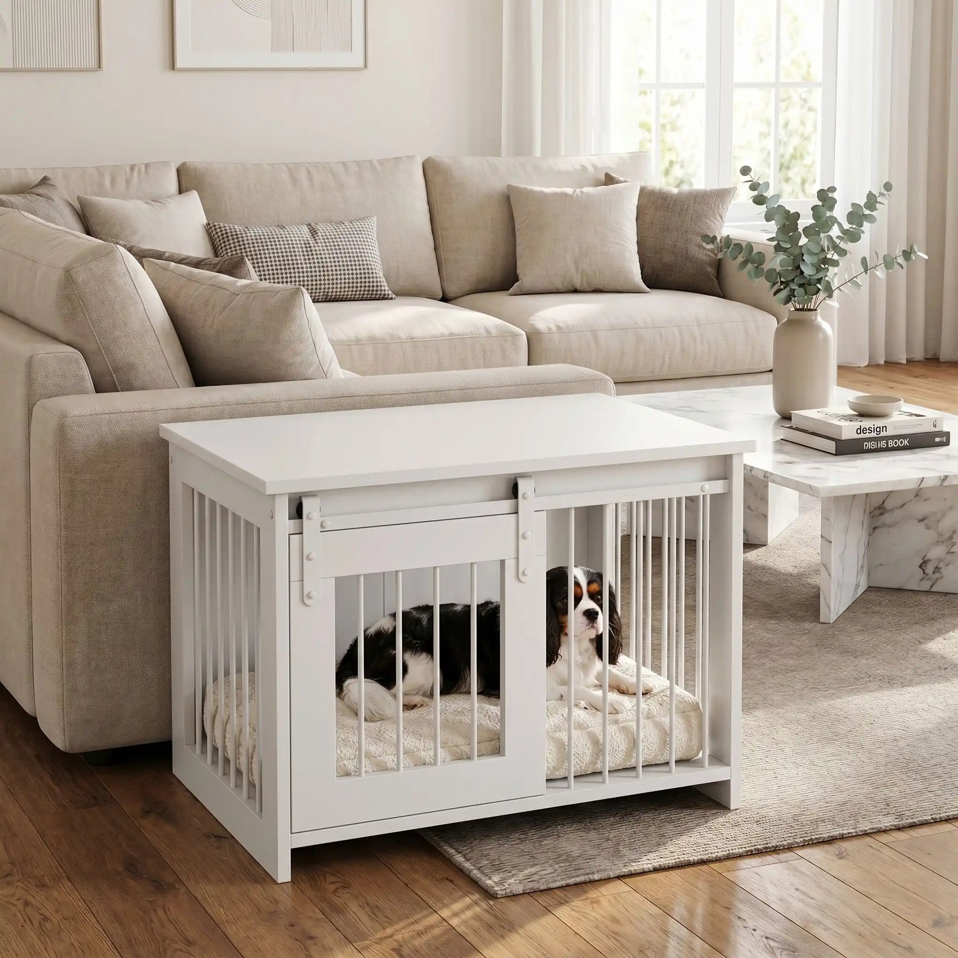 Meuble-niche-pour-chien-petit et moyenne taille-cage-80 cm en bois blanc et porte avant coulissante avec roulettes solides et silencieuses en cadre en bois et barreaux blancs en acier robuste, meuble rectangulaire et cage au design moderne, imperméable et robuste  pour chiot et chien de 0 à 15 kg-un chien de taille moyenne qui dorment paisiblement dans le meuble niche  avec porte à barreaux avant fermée en meuble d'appoint contre le canapé du salon de l'appartement