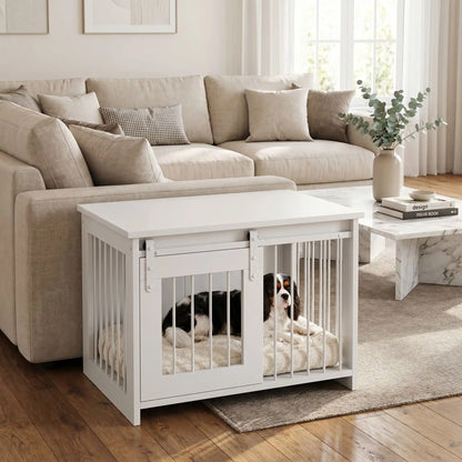 Meuble-niche-pour-chien-petit et moyenne taille-cage-80 cm en bois blanc et porte avant coulissante avec roulettes solides et silencieuses en cadre en bois et barreaux blancs en acier robuste, meuble rectangulaire et cage au design moderne, imperméable et robuste  pour chiot et chien de 0 à 15 kg-un chien de taille moyenne qui dorment paisiblement dans le meuble niche  avec porte à barreaux avant fermée en meuble d'appoint contre le canapé du salon de l'appartement