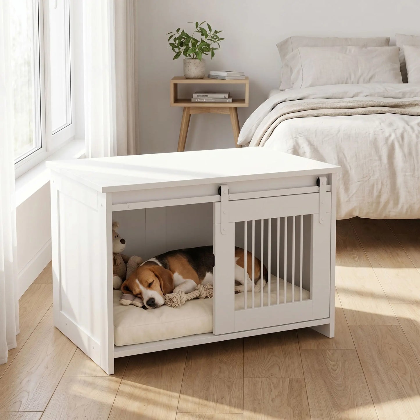 Meuble-niche-pour-chien-petit et moyenne taille-cage-80 cm en bois blanc et porte avant coulissante avec roulettes solides et silencieuses en cadre en bois et barreaux blancs en acier robuste, meuble rectangulaire et cage au design moderne, imperméable et robuste  pour chiot et chien de 0 à 15 kg-un chien de chasse de taille moyenne qui dort paisiblement dans le meuble niche  avec porte à barreaux avant ouverte en meuble d'appoint décoratif dans la chambre de la maison