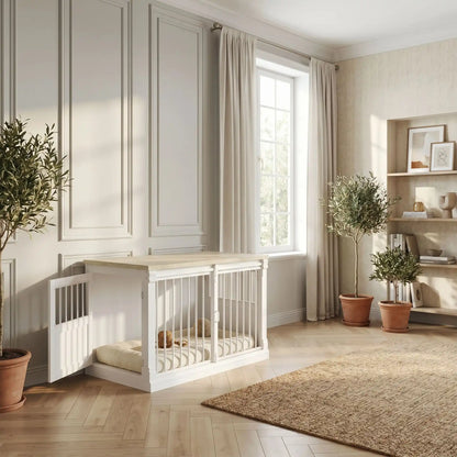 Meuble-niche-pour-chien-petit et moyenne taille-cage-100 cm en bois clair naturel pour la console et porte en bois, 3 portes avec porte coulissante avant en barreaux acier robuste et deux portes latérales en bois et barreaux blanc, capacité de charge jusqu'à 100 kg, rectangulaire et design moderne, imperméable et robuste avec serrures anti fuite pour chiot et chien de 0 à 25 kg-gros plan sur le meuble niche pour chiot et chien avec porte la porte latérale droite ouverte et porte coulissante avant fermée