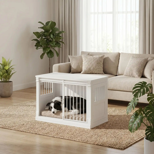 Meuble-niche-pour-chien-petit et moyenne taille-cage-100 cm en bois clair naturel pour la console et porte en bois, 3 portes avec porte coulissante avant en barreaux acier robuste et deux portes latérales en bois et barreaux blanc, capacité de charge jusqu'à 100 kg, rectangulaire et design moderne, imperméable et robuste avec serrures anti fuite pour chiot et chien de 0 à 25 kg-un chien moyen qui dort paisiblement dans le meuble niche  avec porte à barreaux avant ouverte et portes latérales fermées 