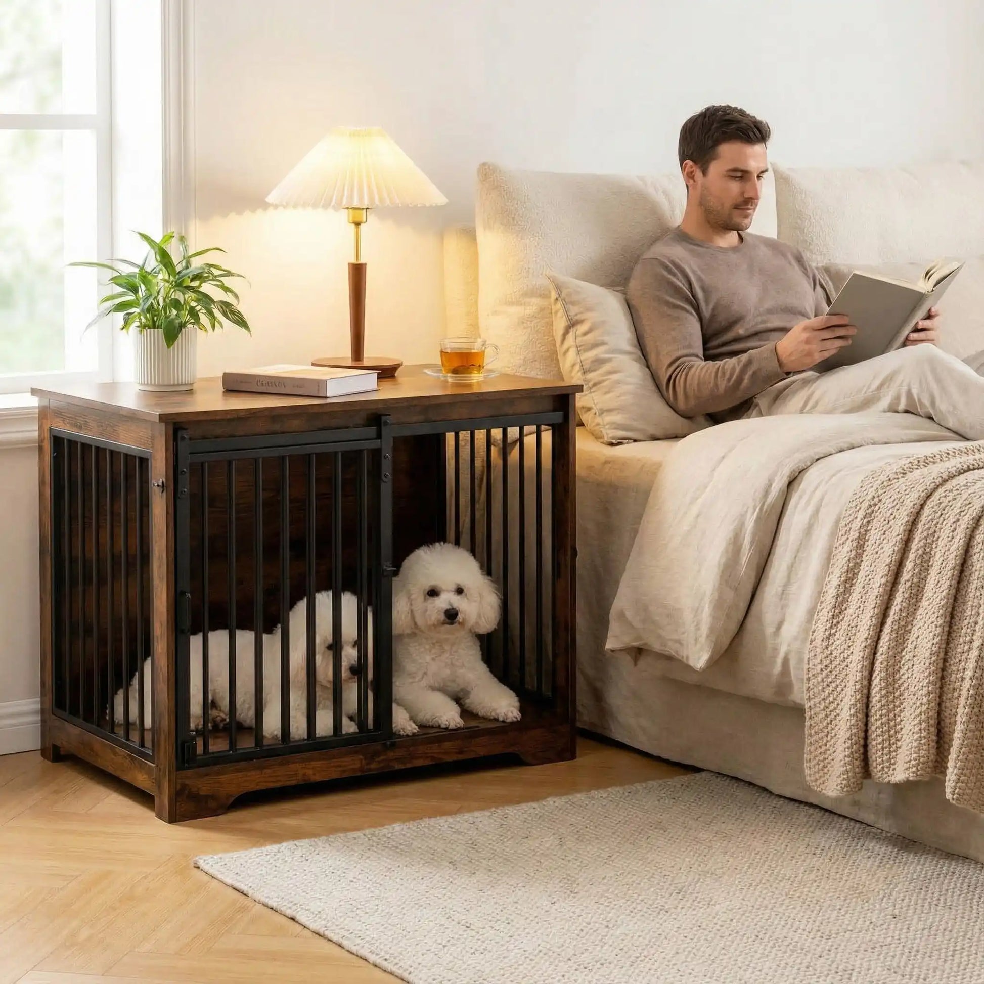 Meuble-niche-pour-chien-cage-bois-2-portes-une porte coulissante et une porte latérale sur le côté en bois massif nature dans un style rustique et porte en acier avec serrures sécurisées- design et polyvalente robuste pour chiot/chien de 0 à 25 kilos max-deux chiens de petite tailles couché côte à côte dans la niche avec la porte avant  coulissante ouverte qui sert de table de chevet à côté du lit de son maître