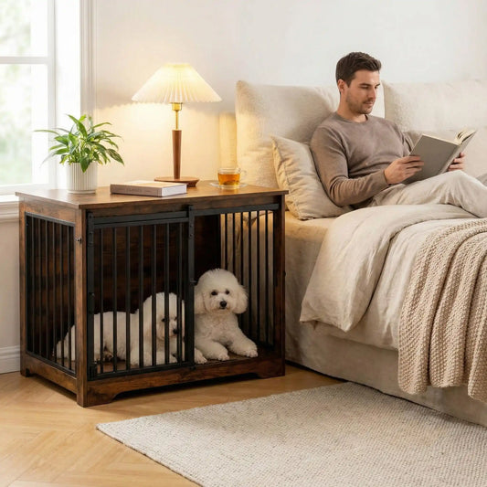 Meuble-niche-pour-chien-cage-bois-2-portes-une porte coulissante et une porte latérale sur le côté en bois massif nature dans un style rustique et porte en acier avec serrures sécurisées- design et polyvalente robuste pour chiot/chien de 0 à 25 kilos max-deux chiens de petite tailles couché côte à côte dans la niche avec la porte avant  coulissante ouverte qui sert de table de chevet à côté du lit de son maître