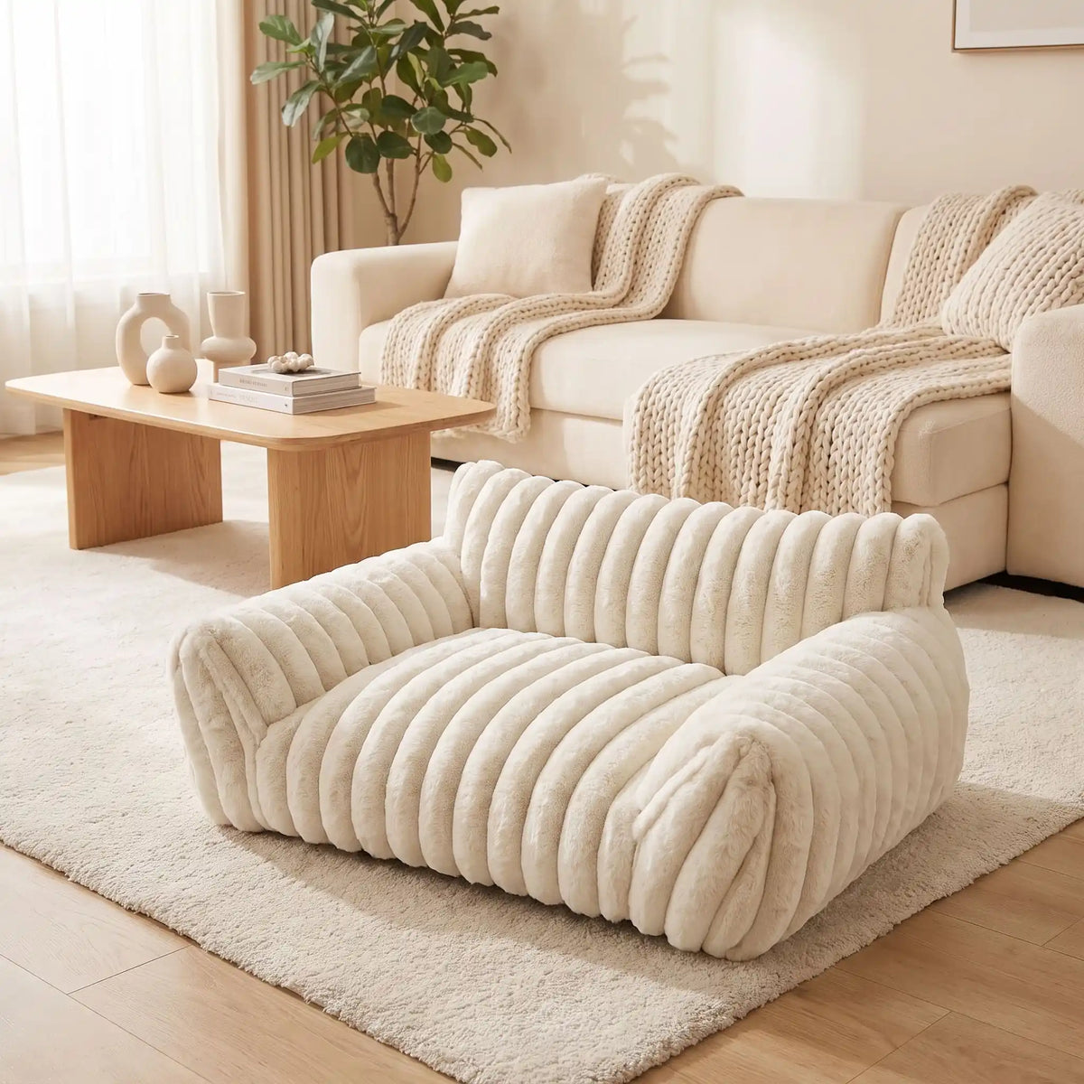 Mini-canapé-chien-chiot-déhoussable, lavable en machine ,coton, housse en peluche douce au toucher velours, rembourrage ergonomique en mousse à mémoire de forme pour un soutien optimal, disponible en  couleurs blanc et rose et 3 tailles S, M et L pour chiot et chien de petite taille de 0 à 10 iols max-gros plan sur le mini fauteuil pour chien de couleur blanc crème dans la chambre de la maison