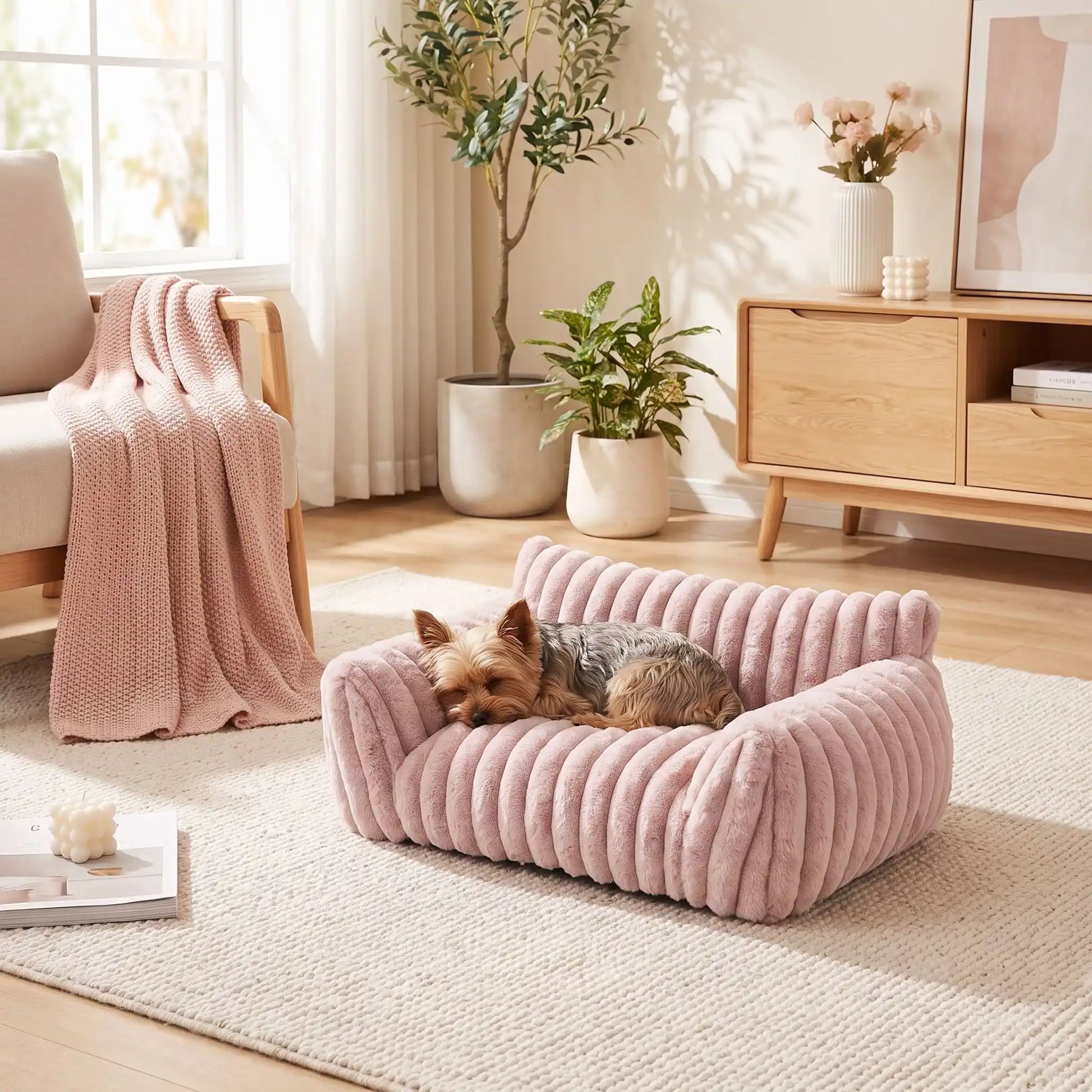 Mini-canapé-chien-chiot-déhoussable, lavable en machine ,coton, housse en peluche douce au toucher velours, rembourrage ergonomique en mousse à mémoire de forme pour un soutien optimal, disponible en  couleurs blanc et rose et 3 tailles S, M et L pour chiot et chien de petite taille de 0 à 10 iols max-un chien de petite taille qui dort paisiblement niché contre le dossier haut et l'accoudoir rembourré du mini fauteuil pour chien de couleur rose dans le salon de l'appartement