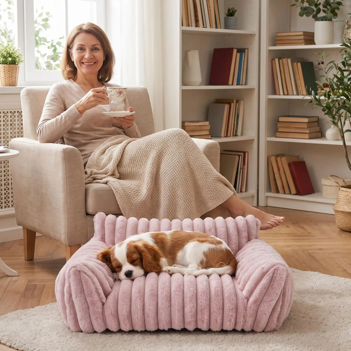 Mini-canapé-chien-chiot-déhoussable, lavable en machine ,coton, housse en peluche douce au toucher velours, rembourrage ergonomique en mousse à mémoire de forme pour un soutien optimal, disponible en  couleurs blanc et rose et 3 tailles S, M et L pour chiot et chien de petite taille de 0 à 10 iols max-un chiot de race moyenne qui dort paisiblement niché entre les deux accoudoirs rembourré du mini fauteuil pour chien de couleur rose et taille L au pied du canapé de sa maitresse assise qui boit son thé 