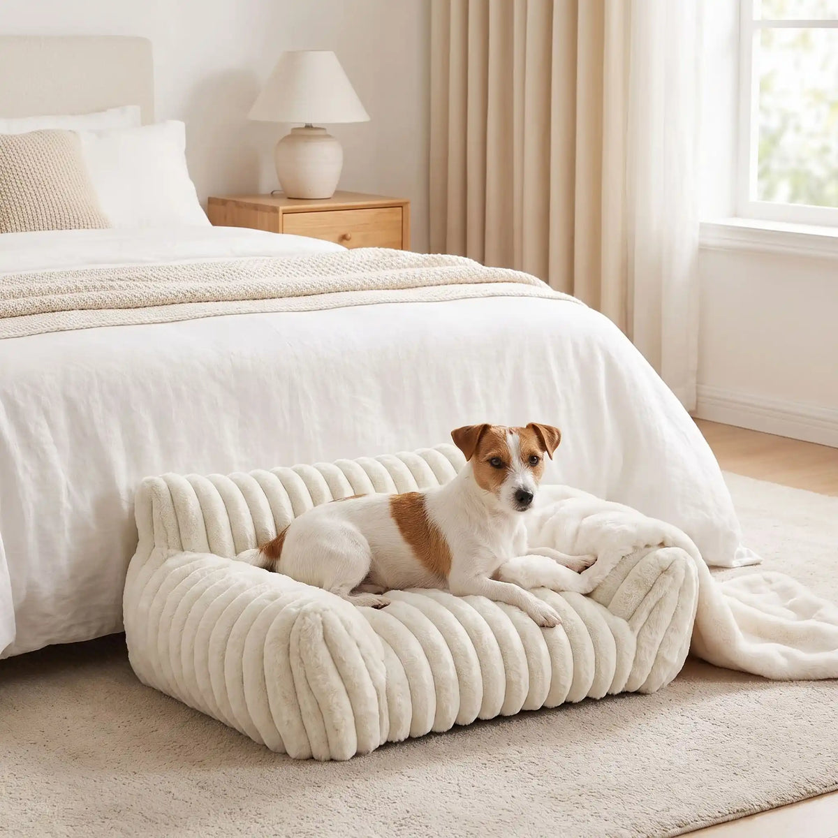 Mini-canapé-chien-chiot-déhoussable, lavable en machine ,coton, housse en peluche douce au toucher velours, rembourrage ergonomique en mousse à mémoire de forme pour un soutien optimal, disponible en  couleurs blanc et rose et 3 tailles S, M et L pour chiot et chien de petite taille de 0 à 10 iols max-un chien de petite race couché confortablement avec les deux accoudoirs et dossier rembourrés entourant du mini fauteuil pour chien de couleur blanc crème au pied du lit de sa maitresse dans la chambre 
