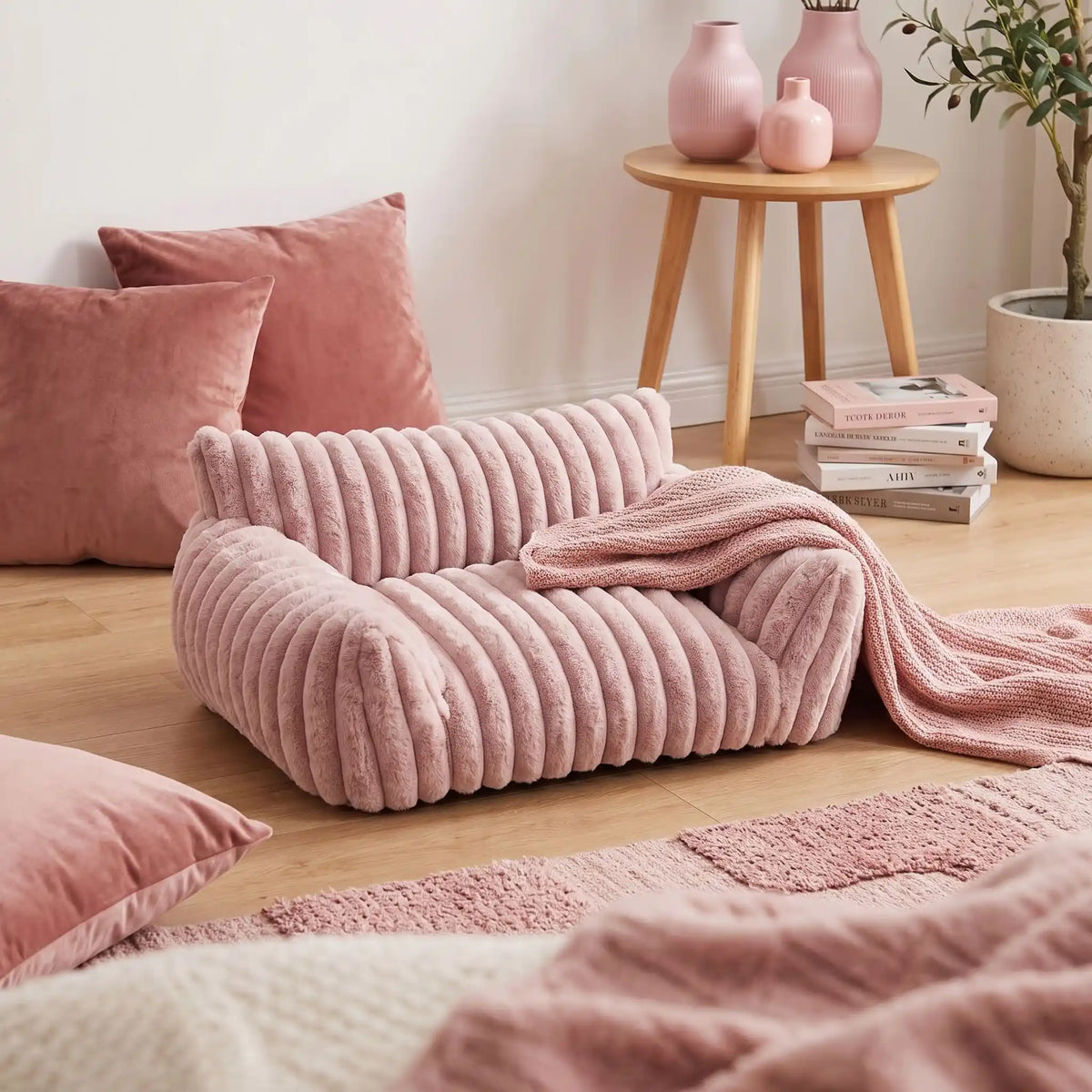 Mini-canapé-chien-chiot-déhoussable, lavable en machine ,coton, housse en peluche douce au toucher velours, rembourrage ergonomique en mousse à mémoire de forme pour un soutien optimal, disponible en  couleurs blanc et rose et 3 tailles S, M et L pour chiot et chien de petite taille de 0 à 10 iols max-gros plan sur le mini fauteuil pour chien de couleur rose dans la chambre de l'appartement