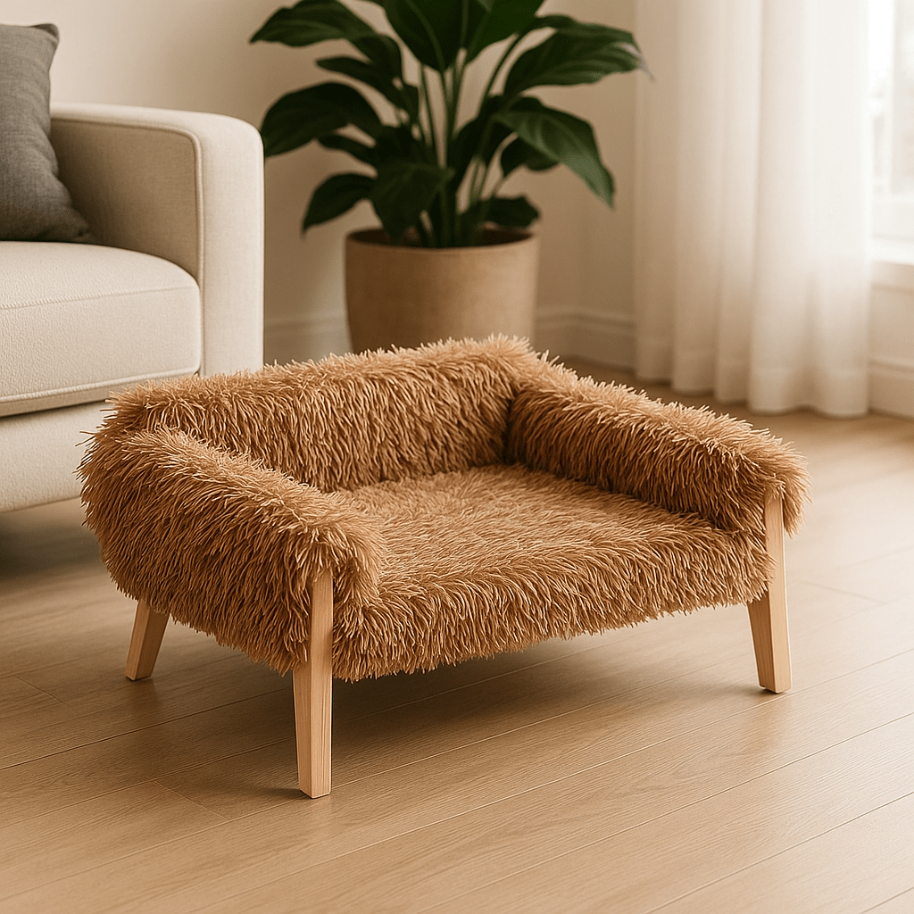 Mini-canapé-pour-chien-pied-en-bois-housse-en-peluche-en marron-déhoussable et lavable pour chien de petite taille jusqu'à 5 kg de couleur marron