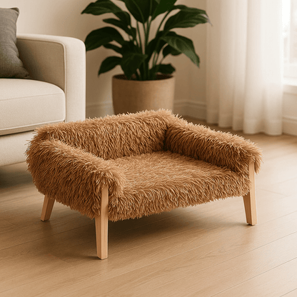 Mini-canapé-pour-chien-pied-en-bois-housse-en-peluche-en marron-déhoussable et lavable pour chien de petite taille jusqu'à 5 kg de couleur marron