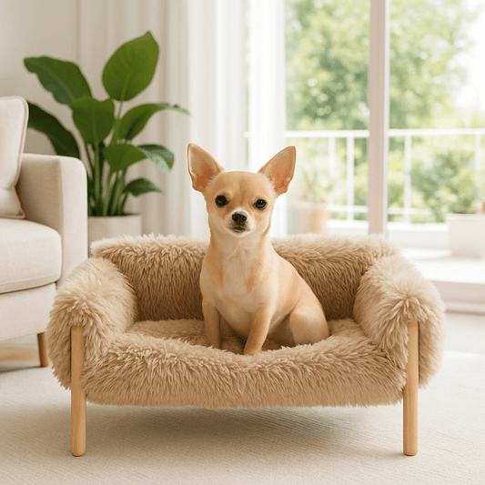 Mini-canapé-pour-chien-de-petite-taille-et-race naine-un chihuahua assis sur le canapé en peluche douce déhoussable et lavable en machine et structure élevé en bois naturel dans le salon de la maison