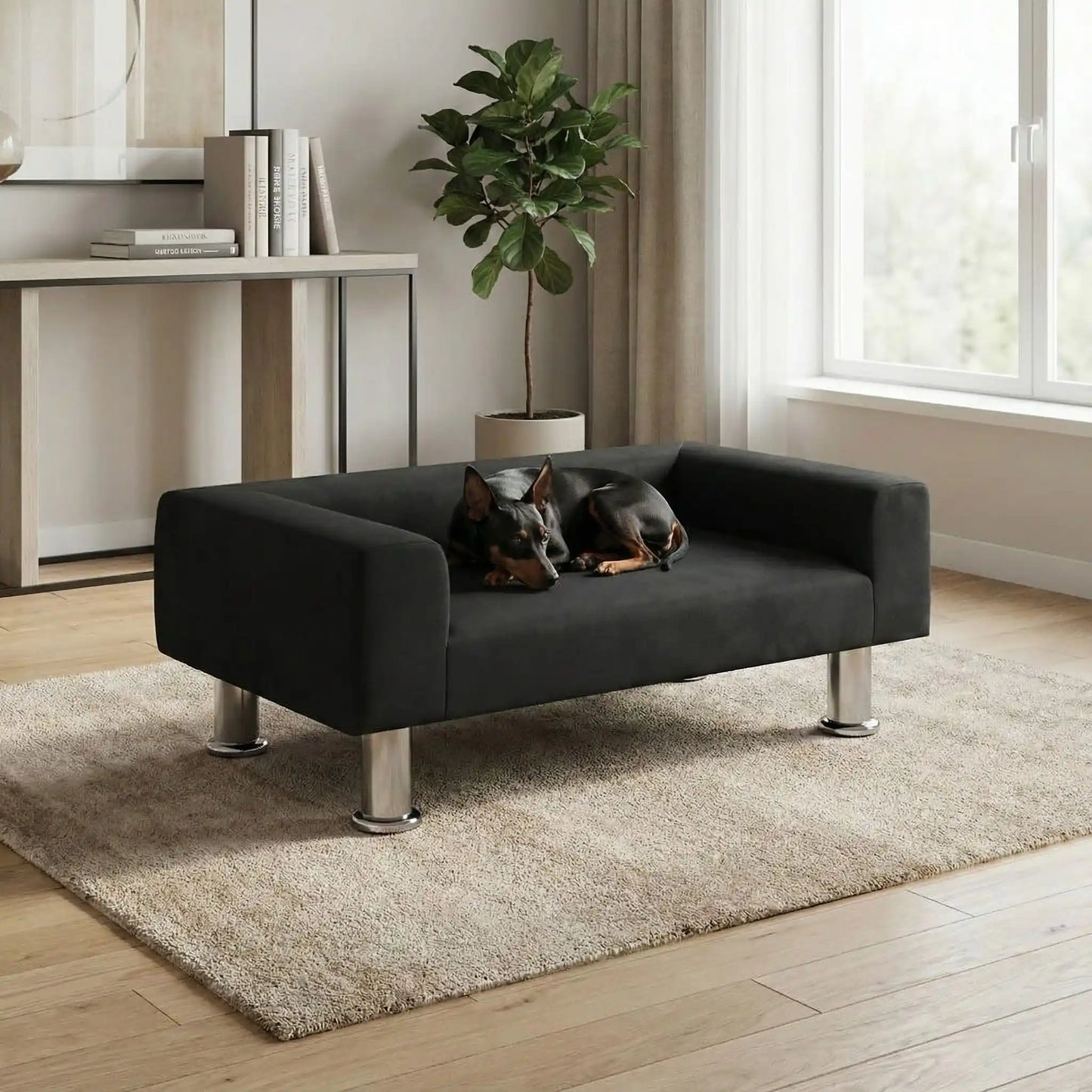 Mini-canapé-pour-chien-chiot-design-velours noir, surélevé avec 4 pieds en acier inoxydable cylindriques, rembourrage 100% coton haute densité épais pour les accoudoirs et le dossier-assise avec matelas en mousse de forme rectangulaire moderne, résistant aux griffes, structure en bois massif naturel-un Pinscher nain qui dort paisiblement en boule sur le canapé design noir dans le bureau de l'appartement