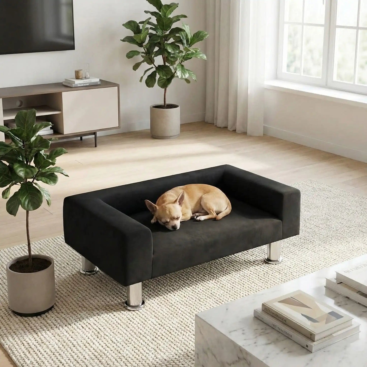 Mini-canapé-pour-chien-chiot-design-velours noir, surélevé avec 4 pieds en acier inoxydable cylindriques, rembourrage 100% coton haute densité épais pour les accoudoirs et le dossier-assise avec matelas en mousse de forme rectangulaire moderne, résistant aux griffes, structure en bois massif naturel-un chihuahua qui dort paisiblement en boule sur le canapé design noir dans le salon de l'appartement