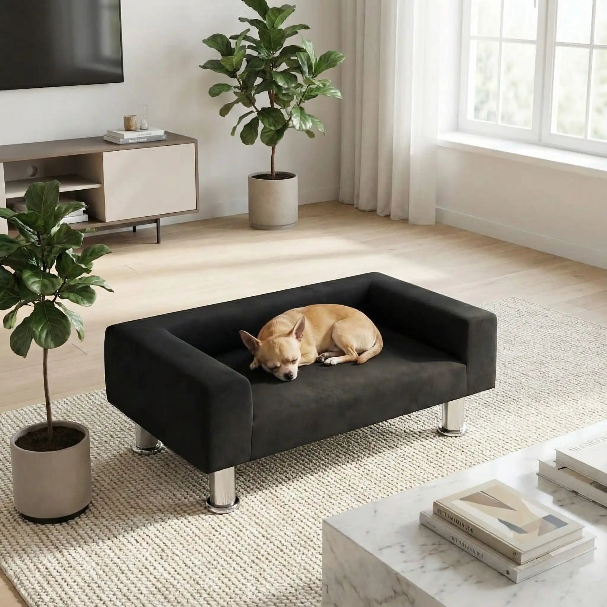 Mini-canapé-pour-chien-chiot-design-velours noir, surélevé avec 4 pieds en acier inoxydable cylindriques, rembourrage 100% coton haute densité épais pour les accoudoirs et le dossier-assise avec matelas en mousse de forme rectangulaire moderne, résistant aux griffes, structure en bois massif naturel-un chihuahua qui dort paisiblement en boule sur le canapé design noir dans le salon de l'appartement