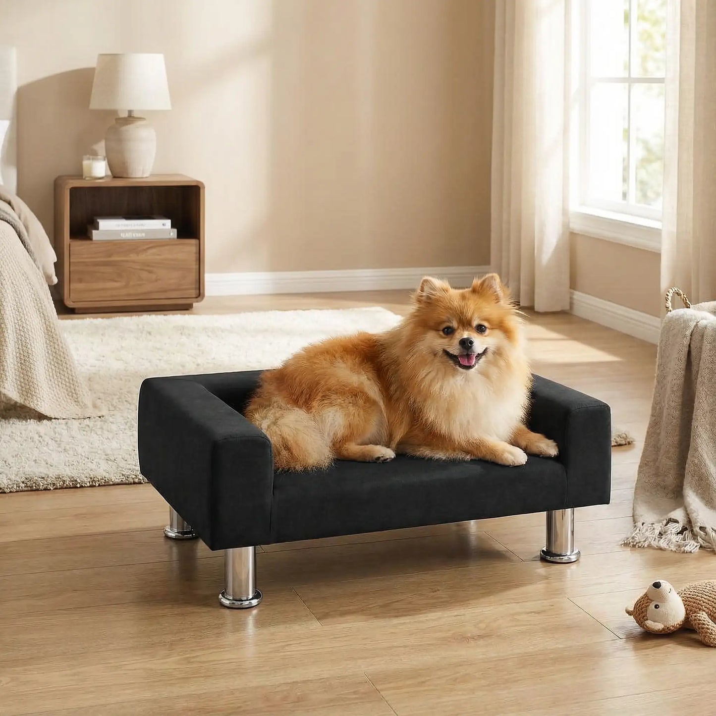 Mini-canapé-pour-chien-chiot-design-velours noir, surélevé avec 4 pieds en acier inoxydable cylindriques, rembourrage 100% coton haute densité épais pour les accoudoirs et le dossier-assise avec matelas en mousse de forme rectangulaire moderne, résistant aux griffes, structure en bois massif naturel-un chien de race naine couché confortablement sur le canapé design noir dans la chambre de la maison