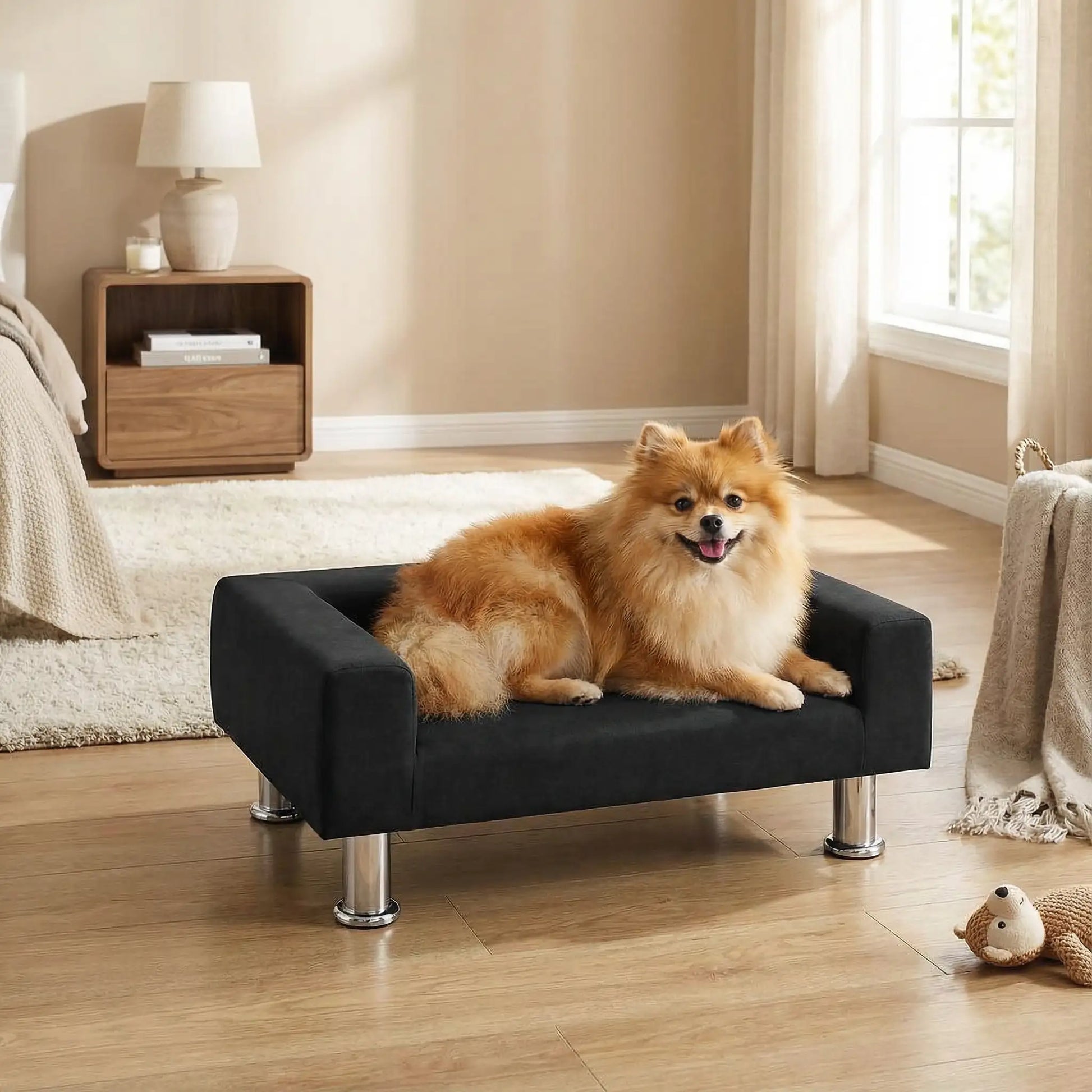 Mini-canapé-pour-chien-chiot-design-velours noir, surélevé avec 4 pieds en acier inoxydable cylindriques, rembourrage 100% coton haute densité épais pour les accoudoirs et le dossier-assise avec matelas en mousse de forme rectangulaire moderne, résistant aux griffes, structure en bois massif naturel-un chien de race naine couché confortablement sur le canapé design noir dans la chambre de la maison