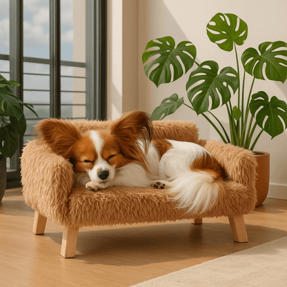 Mini-canapé-pour-chien-design-un épagneul papillon qui dort confortablement en boule sur le canapé en peluche douce déhoussable et lavable en machine et bois naturel solide 