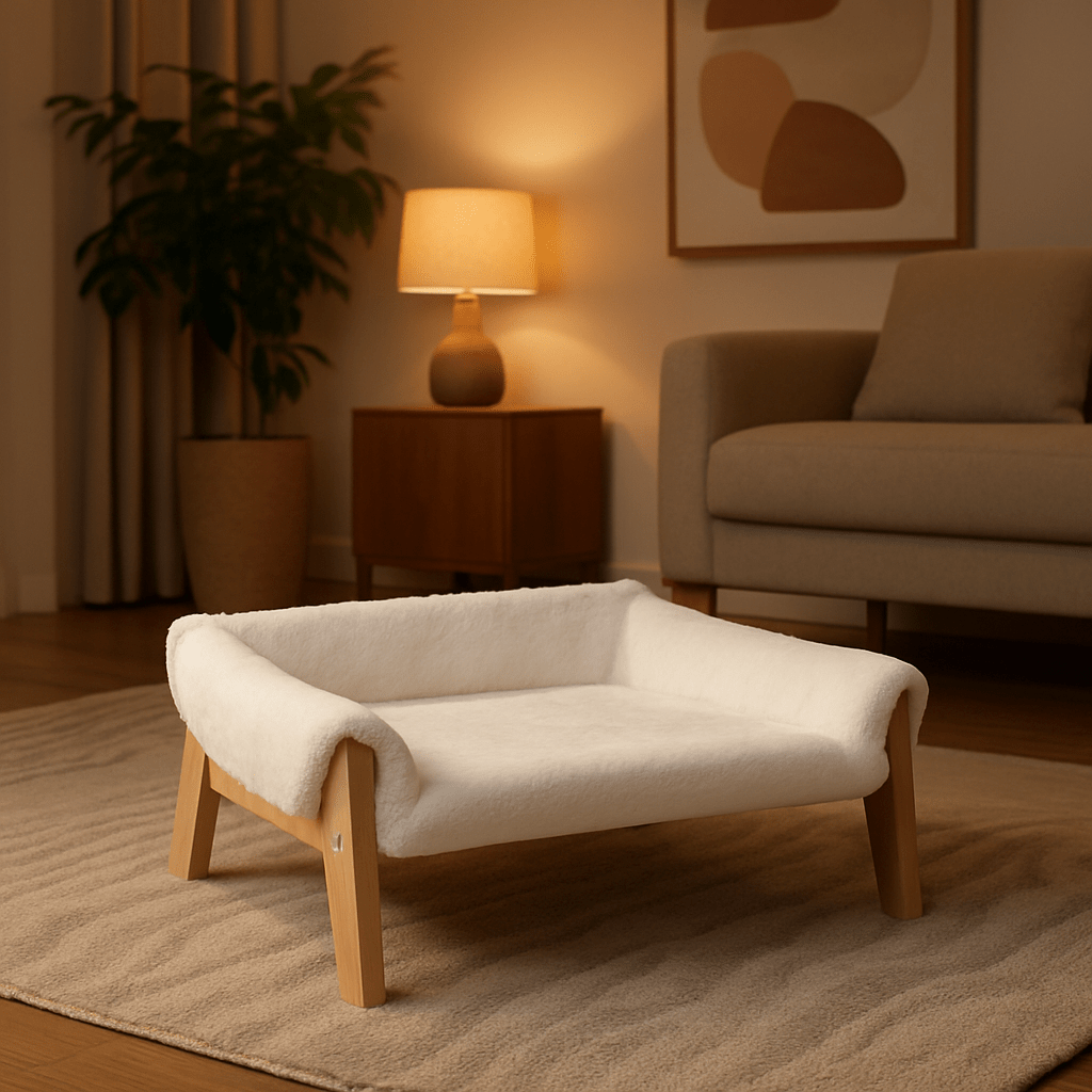 Mini-canapé-pour-chien-lit-surélevé-en bois avec accoudoirs et housse en peluche douce, déhoussable et lavable en machine de couleur blanc dans le salon moderne et cosy